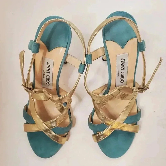 Jimmy Choo Gold and Teal Higheel Sandals Size 36.5 - Picture 6 of 7